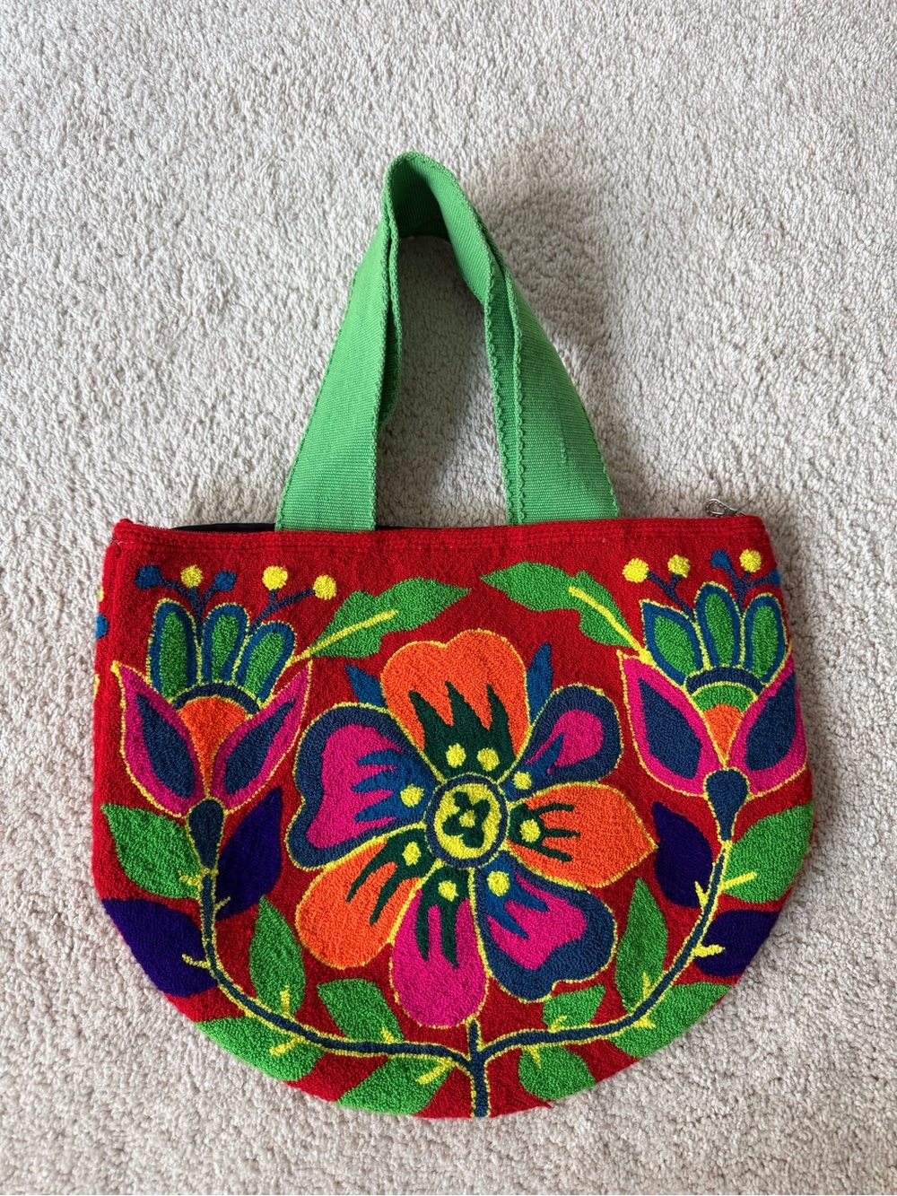 Colombian Wayuu Hand-Embroidered Red Floral Tote Bag with Green Handles